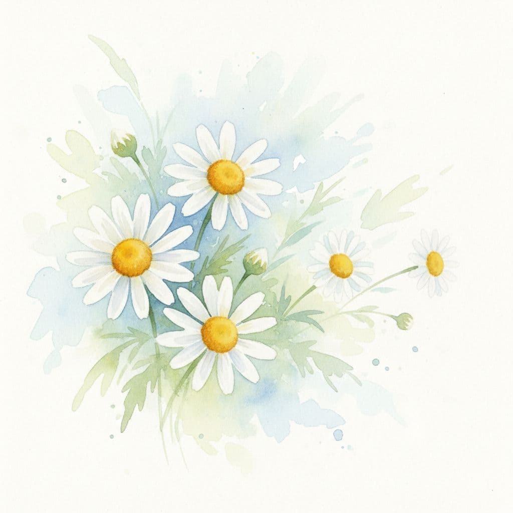 White chamomile flowers with yellow centers in soft watercolor on light background.
