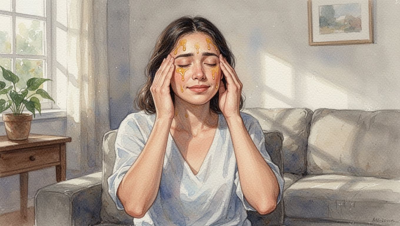 Relaxed adult woman sits in living room holding temples gently with subtle relief expression.