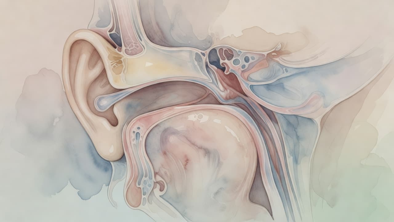 Eine detailreiche Aquarellzeichnung zeigt die anatomische Verbindung zwischen dem Mittelohr und dem Nasenrachenraum. Sanfte Farbübergänge und sichtbare Pinselstriche betonen die organischen Formen der Röhre vor einem hellen, neutralen Hintergrund.
