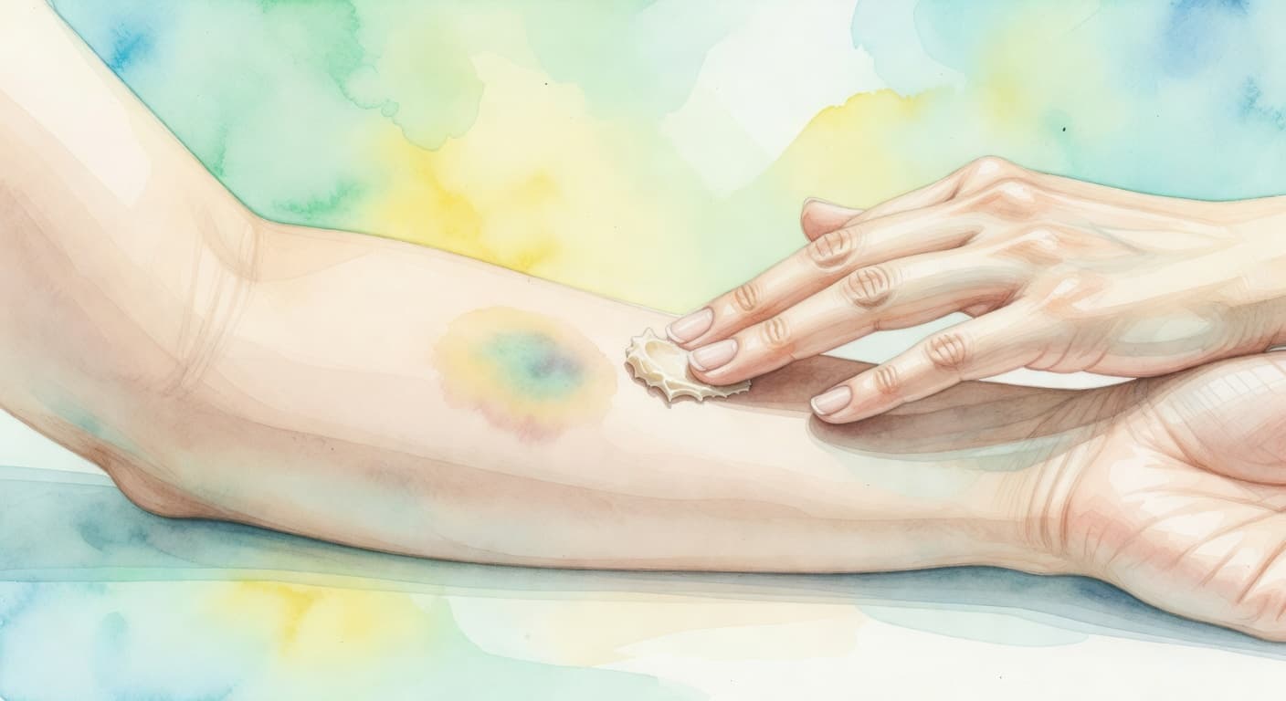 A close-up view depicts a hand gently smoothing a translucent healing ointment onto a small blue bruise on the inner forearm. Soft watercolor textures highlight the delicate, soothing skincare motion.