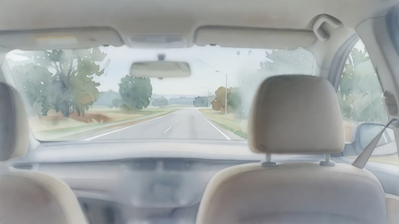 Ein zartes Aquarell zeigt den Blick durch eine Windschutzscheibe auf eine ruhige Landstraße. Die weichen Pinselstriche und verschwommenen Konturen der Umgebung erzeugen eine entspannte Atmosphäre für jeden Mitfahrer während der Fahrt.