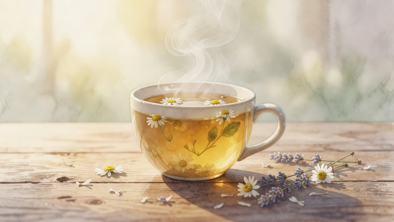 Eine dampfende Tasse Kräutertee steht auf einem hölzernen Tisch. Das sanfte Morgenlicht erzeugt eine entspannte Atmosphäre, während die aquarellartigen Pinselstriche dem gesamten Bild eine weiche, künstlerische und sehr beruhigende Textur verleihen.
