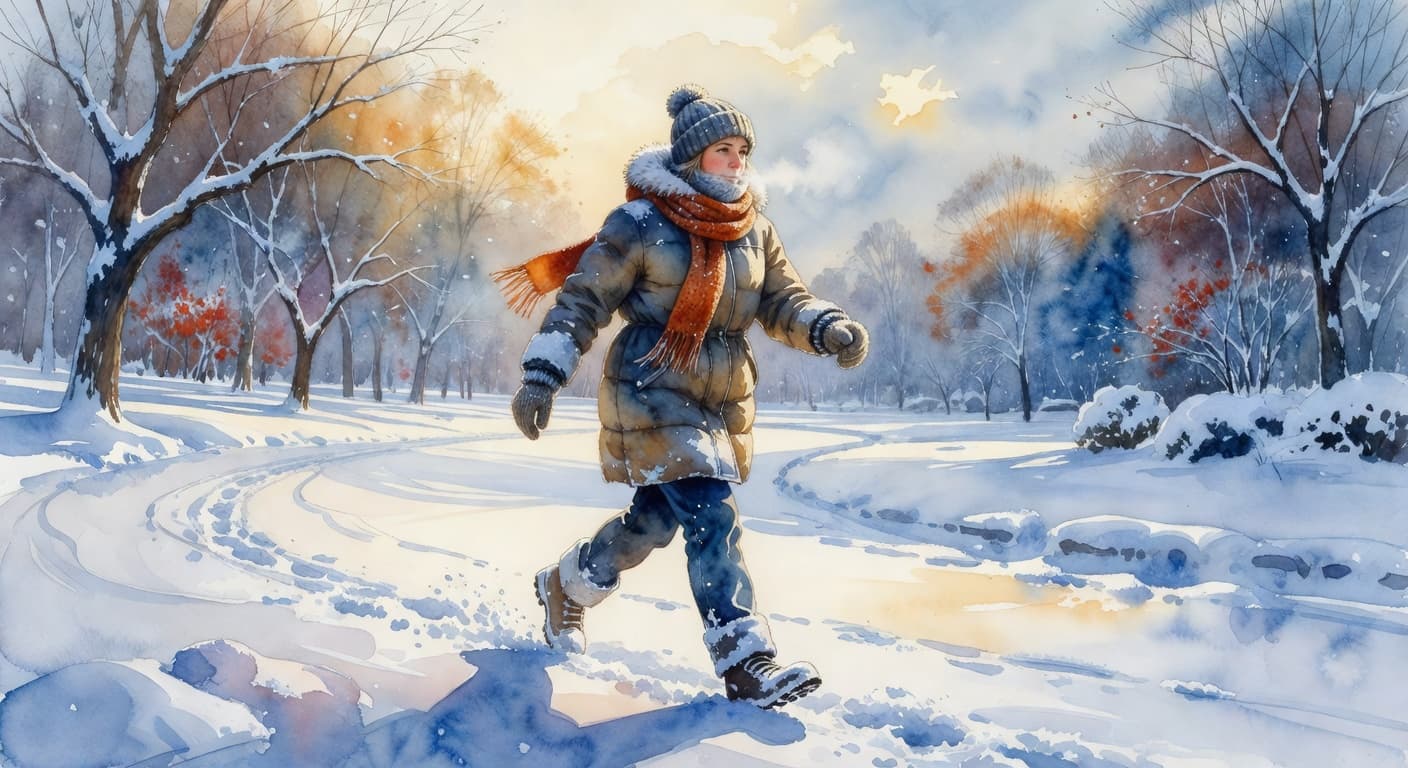 A figure in heavy winter gear walks quickly along a frost-covered park path, captured in expressive watercolor washes. Cool blue tones contrast with vibrant orange scarf accents and soft snowy textures.
