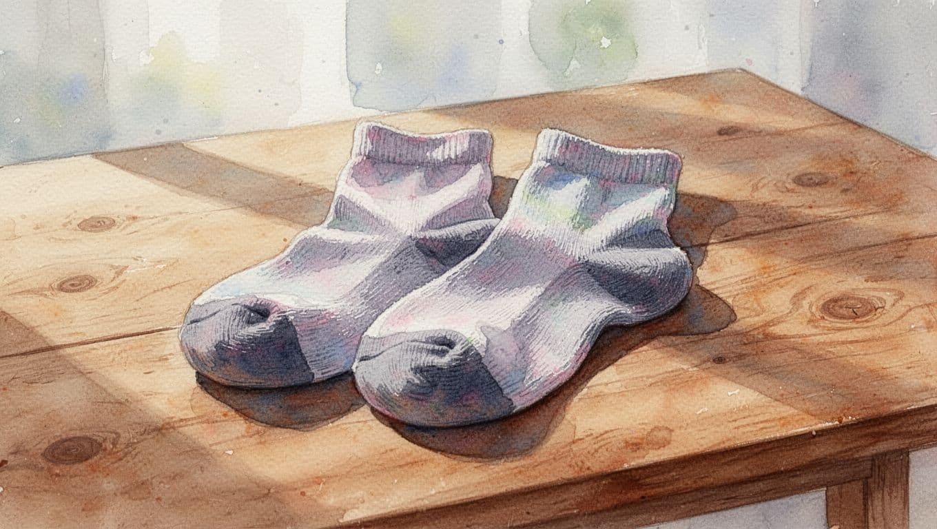 A pair of thick, cushioned hiking socks rests on a textured wooden surface. Soft, ethereal daylight streams in from the background, creating a soothing watercolor effect with gentle brush strokes.