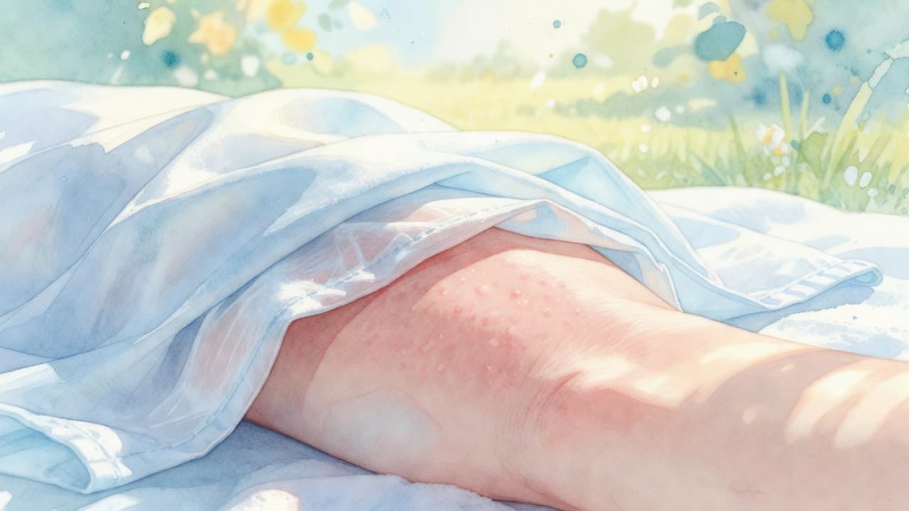 A soft watercolor illustration depicts a cooling cloth pressed against reddened skin to treat heat rash. The gentle brushstrokes and airy aesthetic highlight a calm approach to relieving summer skin irritation.