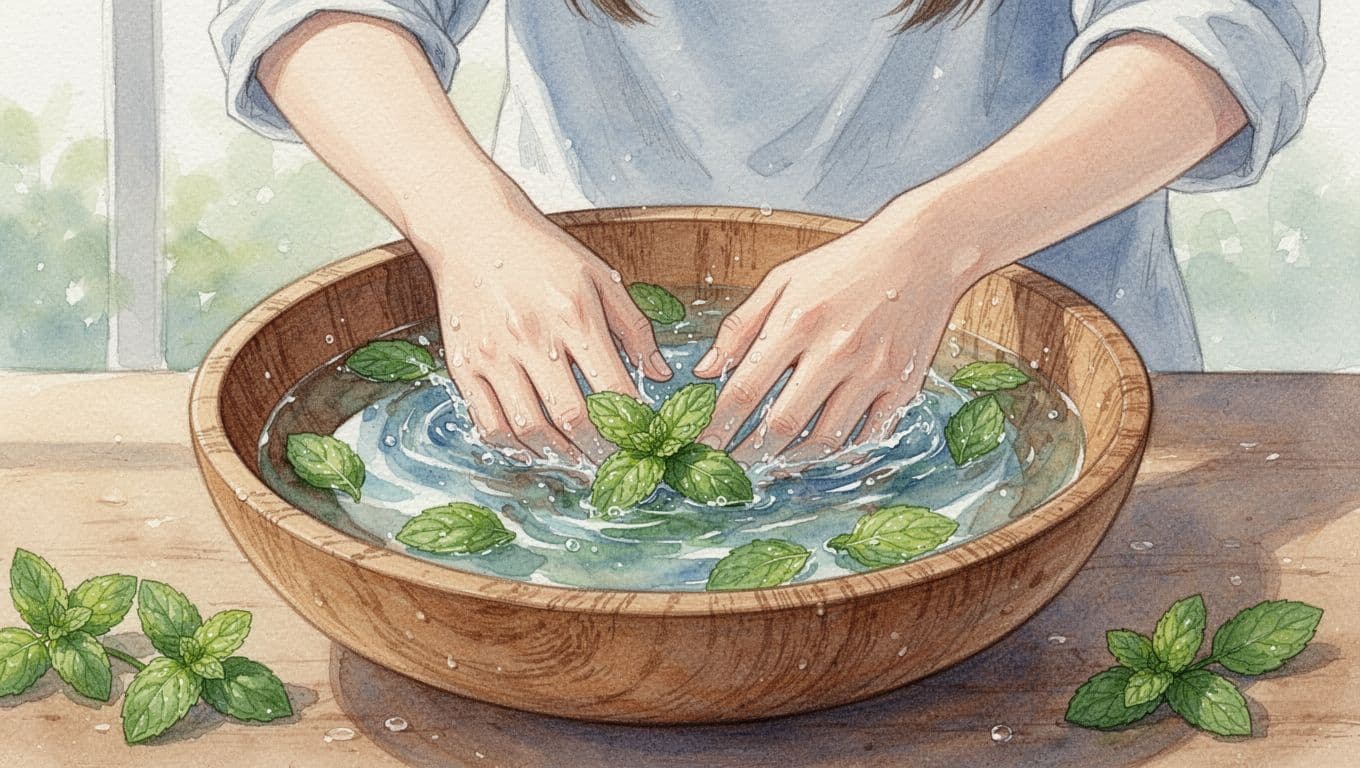 A person rests their hands inside a rustic wooden bowl filled with clear, refreshing water. Small green mint leaves float on the surface, rendered with soft watercolor strokes and brush textures.