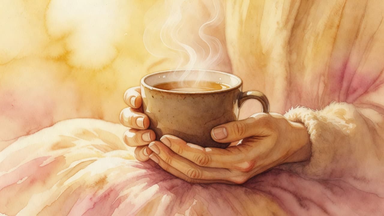 A pair of hands cupped gently around a steaming ceramic mug filled with tea. The watercolor illustration features soft brushstrokes and warm orange and brown tones evoking a cozy winter atmosphere.