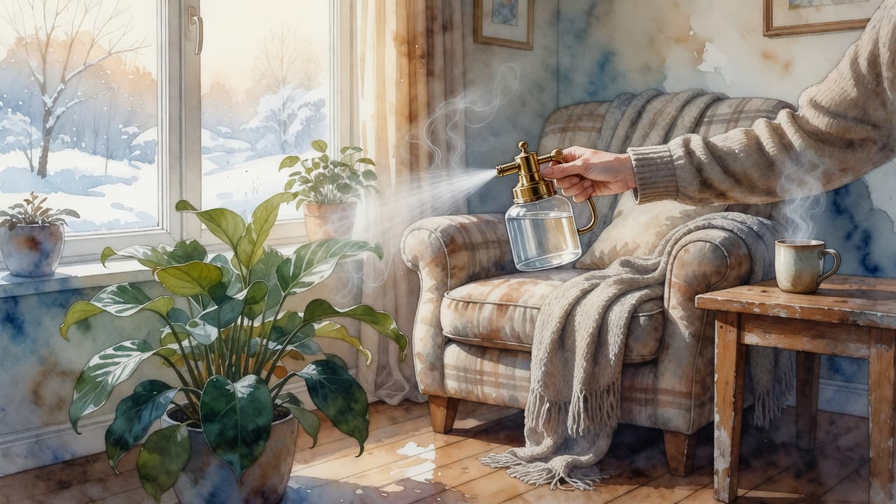 A fine water mist rises from a device near a lush green potted plant sitting on a wooden table. Soft winter sunlight streams through the window, highlighting delicate watercolor brush textures.