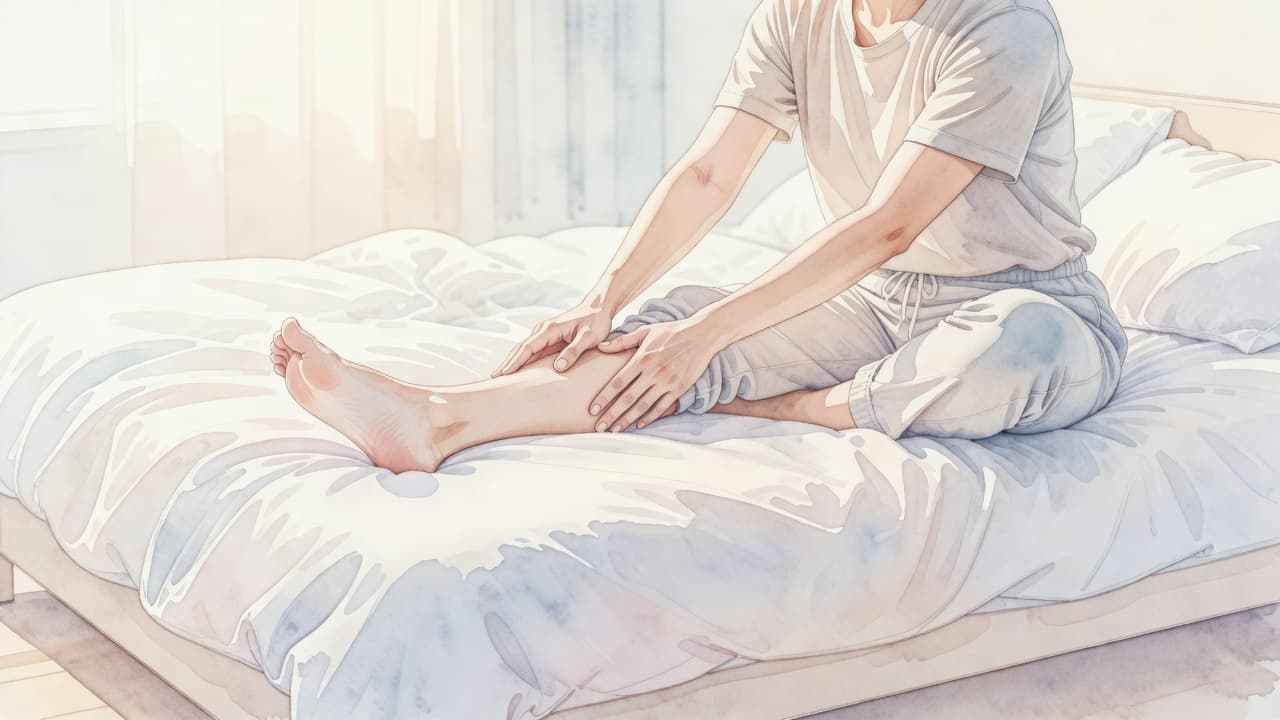 Eine Person sitzt auf einer weichen Matratze und zieht ihren Fuß mit beiden Händen sanft zum Körper heran. Das Aquarellbild verwendet sanfte Pastelltöne und zeigt den Dehnungsprozess für die Wadenmuskulatur.