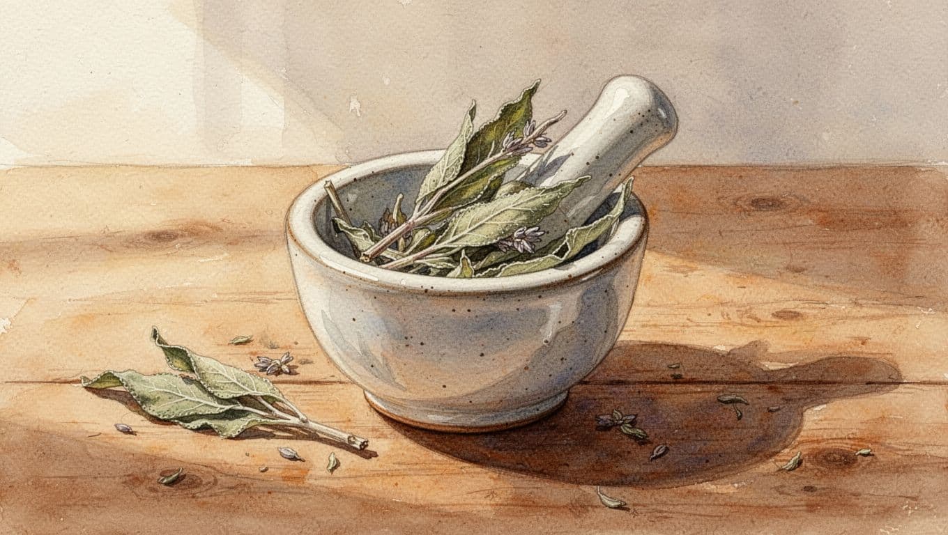 Dried green sage leaves rest beside a rustic ceramic mortar on a textured table. Soft watercolor brush strokes define the composition under warm, golden light reflecting the gentle nature of herbal medicine.