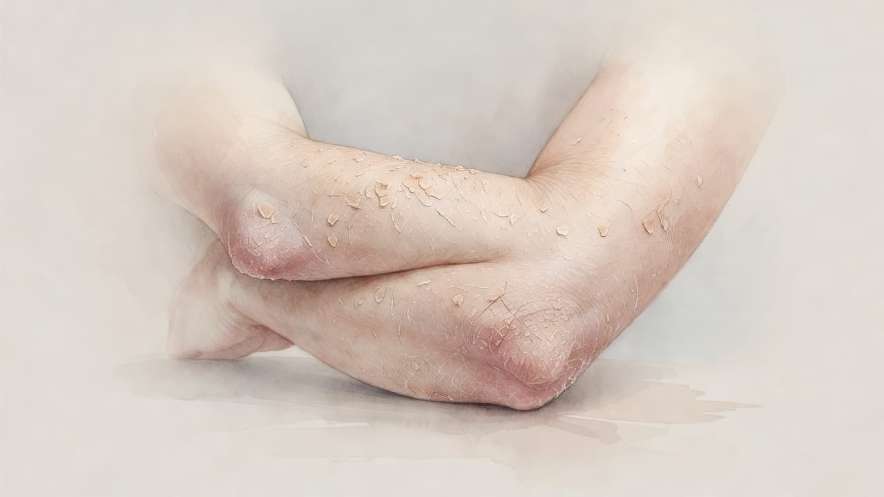 A delicate watercolor illustration depicts a pair of human elbows exhibiting dry, flaky skin patches. The soft, neutral tones and visible brush textures emphasize the rough skin texture against a blurred background.