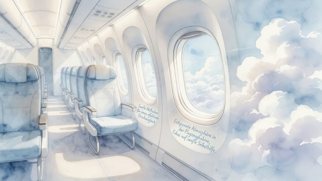 Ein Blick durch das Fenster einer leeren Flugzeugkabine zeigt eine Wolkendecke unter strahlendem Himmel. Das Bild ist im malerischen Aquarellstil gehalten, wobei sanfte Pinselstriche und pastellige Farben eine beruhigende Atmosphäre erzeugen.