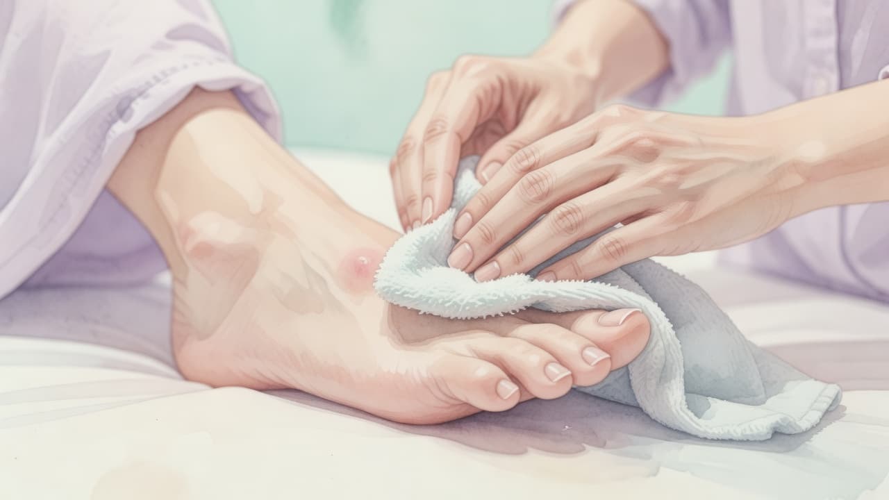 A soft watercolor illustration shows a person carefully cleaning a foot blister with a moist cloth. The artistic brush strokes create a soothing, hygienic atmosphere focusing on gentle home medical care.