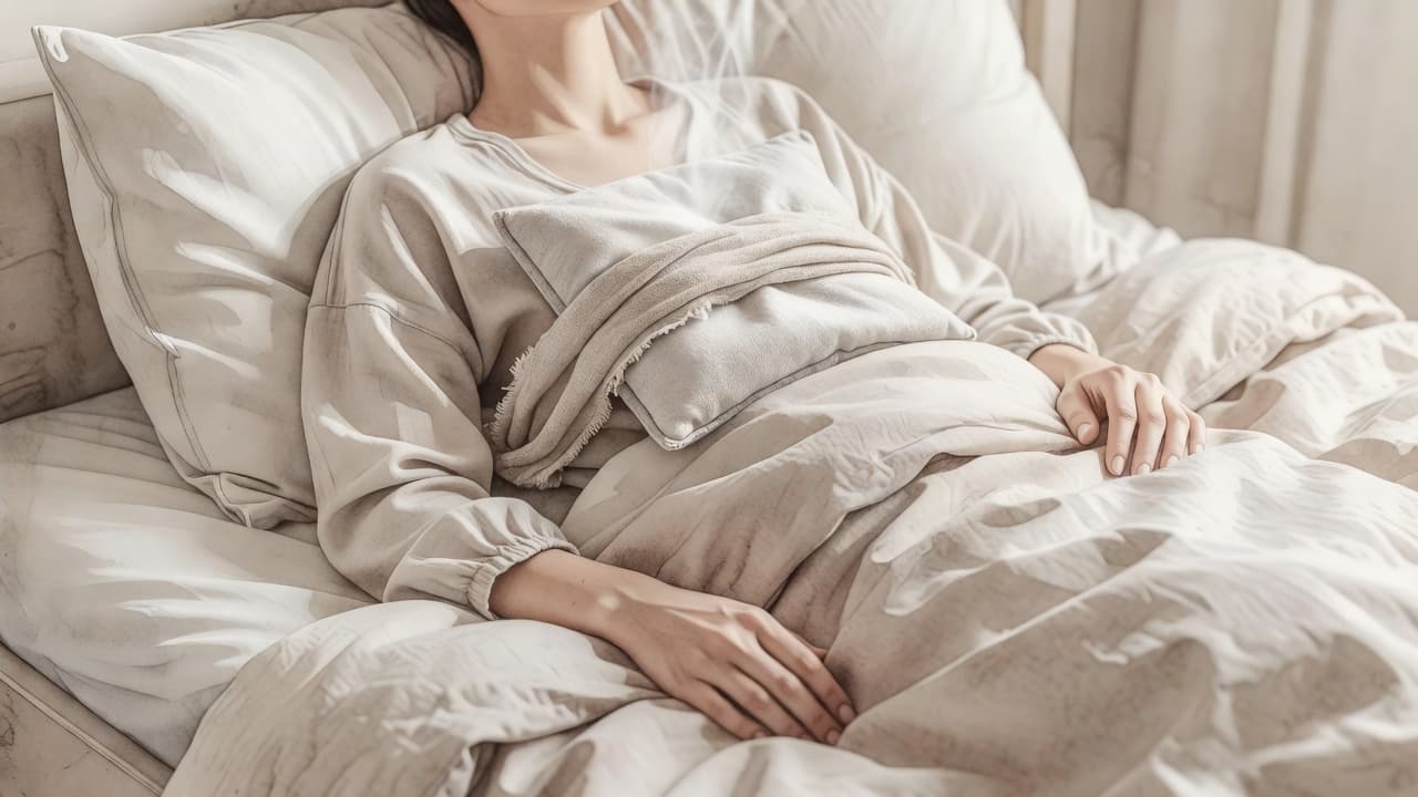 A soft watercolor painting depicts a person resting in bed with a warm compress placed gently on their chest. The scene features calming neutral tones and expressive brush strokes for comfort.