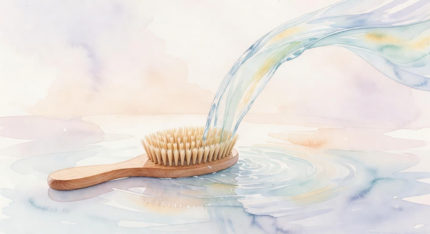 A wooden hairbrush is positioned beneath a graceful stream of cascading water. The soft watercolor texture emphasizes soothing blue and beige tones, creating a calm atmosphere for daily hair maintenance.