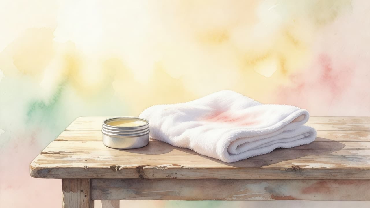 A small circular tin of medicated salve rests on a rustic wooden table beside a neatly folded white cotton cloth. The background features warm, blurred watercolor textures in soft neutral tones.