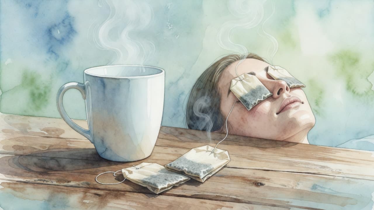 A soft watercolor painting depicts a wooden tabletop holding a white ceramic mug alongside two moist tea bags. The composition emphasizes the simple steps for using tea as a soothing eye treatment.