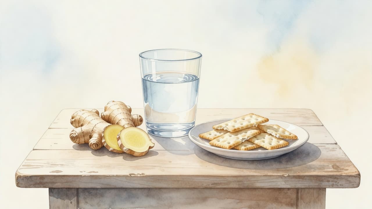 Ein Aquarellbild zeigt frische Ingwerstücke neben einem Glas klarem Wasser und einigen Crackern auf einem hellen Holztisch. Die weichen Pinselstriche und zarten Farbtöne schaffen eine beruhigende, lichtdurchflutete Atmosphäre für den Betrachter.