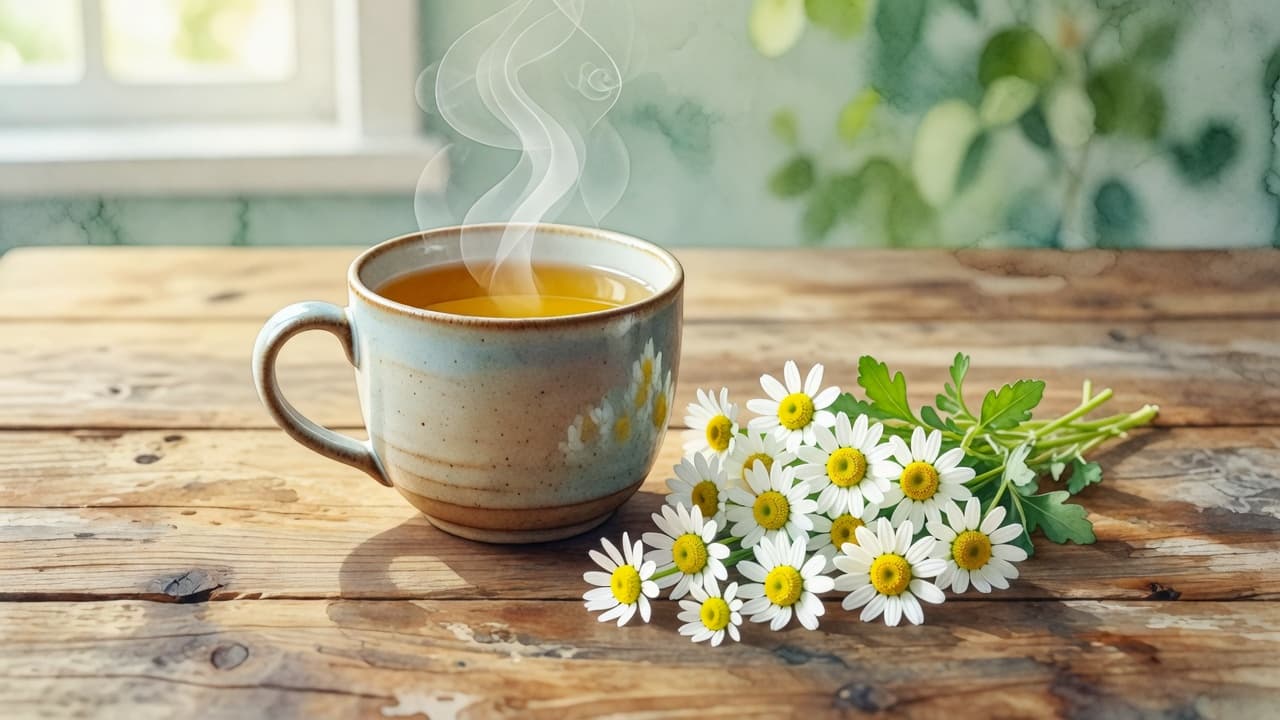 Eine dampfende Tasse Kräutertee steht auf einem rustikalen Holztisch neben frisch gepflückten Kamillenblüten. Der sanfte Aquarellstil unterstreicht die beruhigende Atmosphäre mit weichen Übergängen und einer warmen, natürlichen Ausleuchtung des gesamten Bildmotivs.