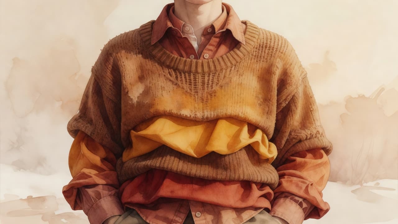 A figure wears a cozy knit sweater layered over a collared shirt, rendered with artistic watercolor strokes. The soft blending highlights the fabric textures against a clean, minimalist off-white background.