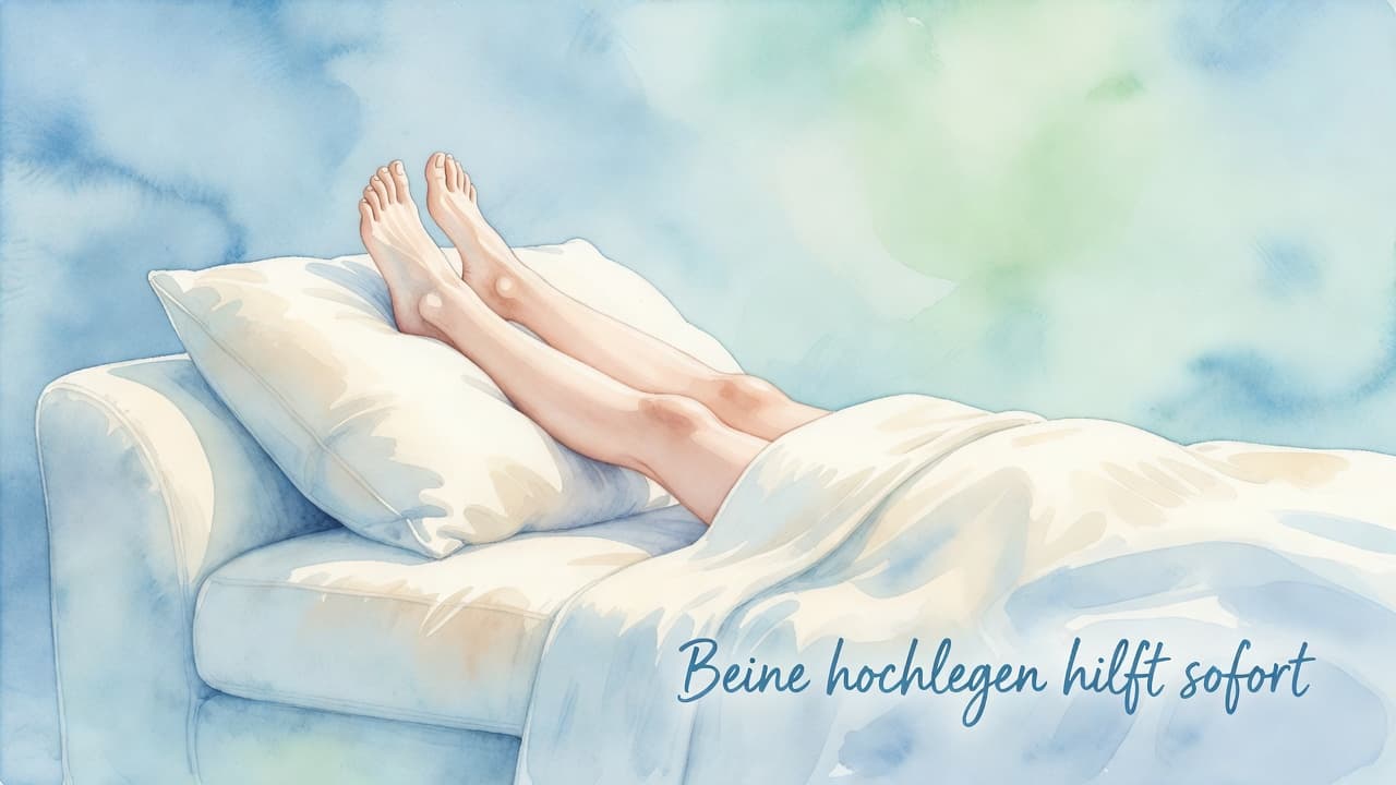 A watercolor painting depicts a person with their lower legs and feet resting comfortably on a plush, white pillow. The background features soft, blended washes of light blue and pastel green.