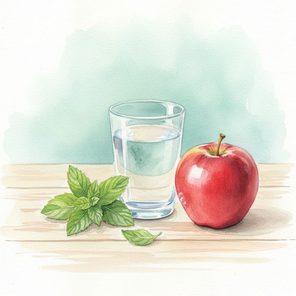 A vibrant red apple sits beside a glass of clear water and scattered green mint leaves on a light wooden table. The watercolor style features soft, airy brush strokes throughout.