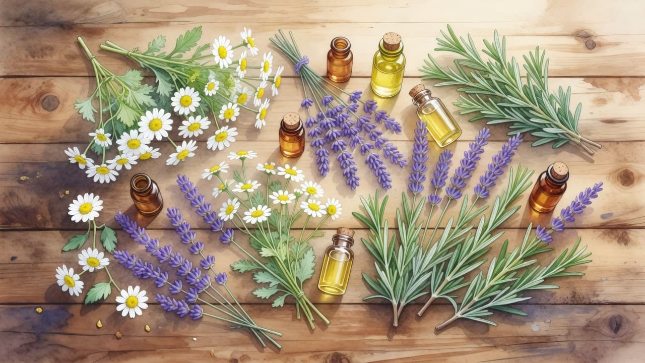Fresh green herbs and amber oil bottles rest on a weathered wooden surface. Soft watercolor brushstrokes define the textured elements, creating a soothing and organic atmosphere for skin care therapy.