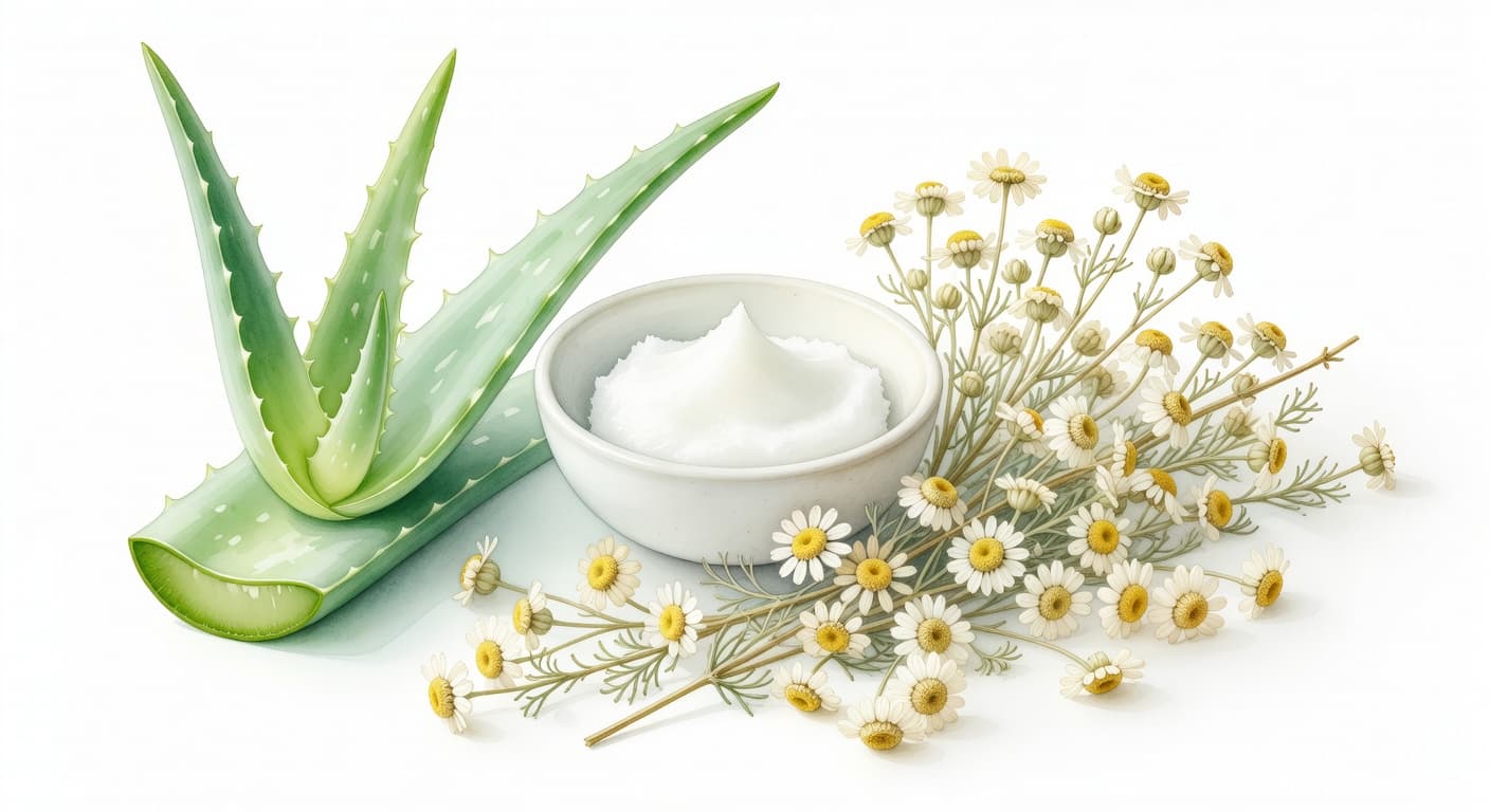 A watercolor composition displays a green aloe vera sprig alongside a bowl of white coconut oil and loose chamomile flowers. Soft brush textures create a calming, organic aesthetic on white.