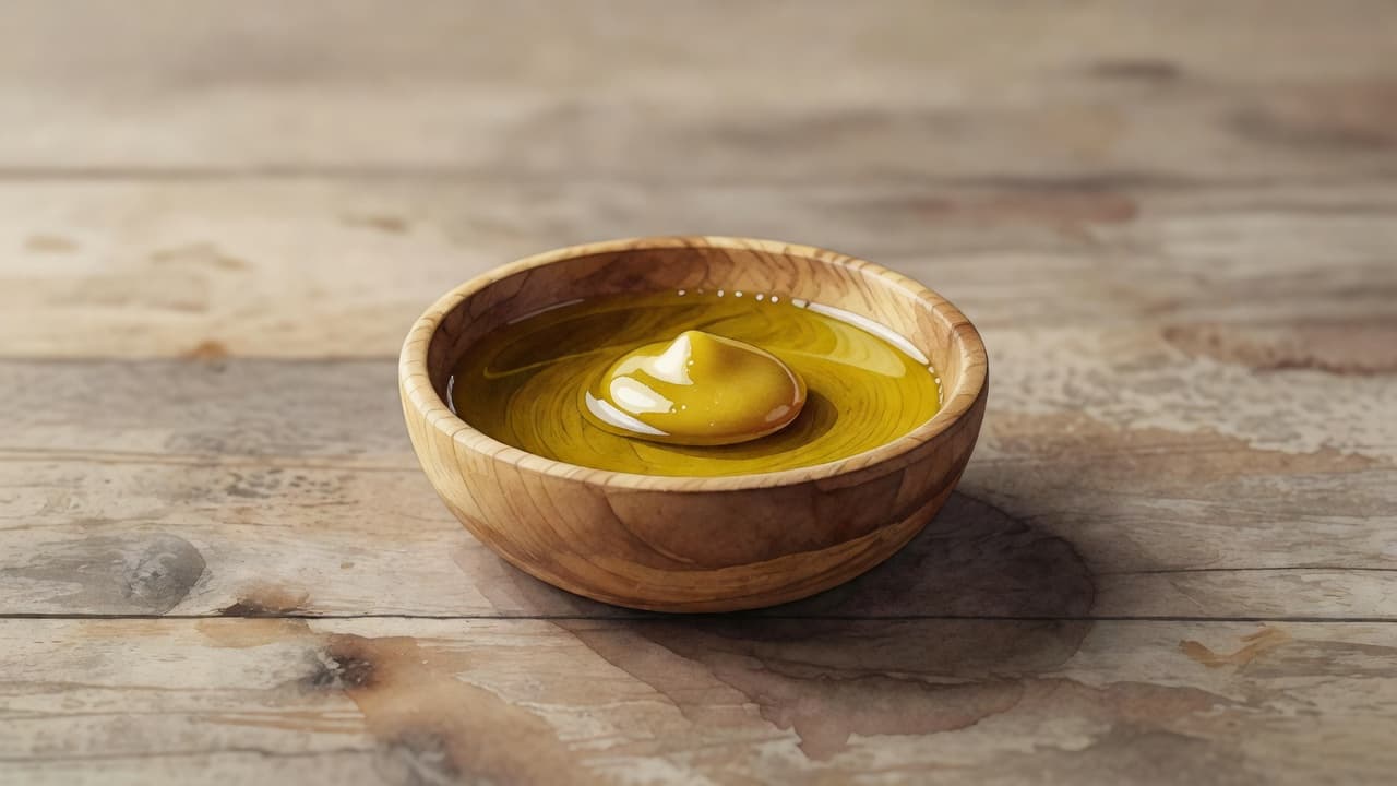 A small rustic wooden bowl rests on a weathered plank surface containing a mixture of golden olive oil and thick honey. The watercolor style emphasizes soft textures and warm light.
