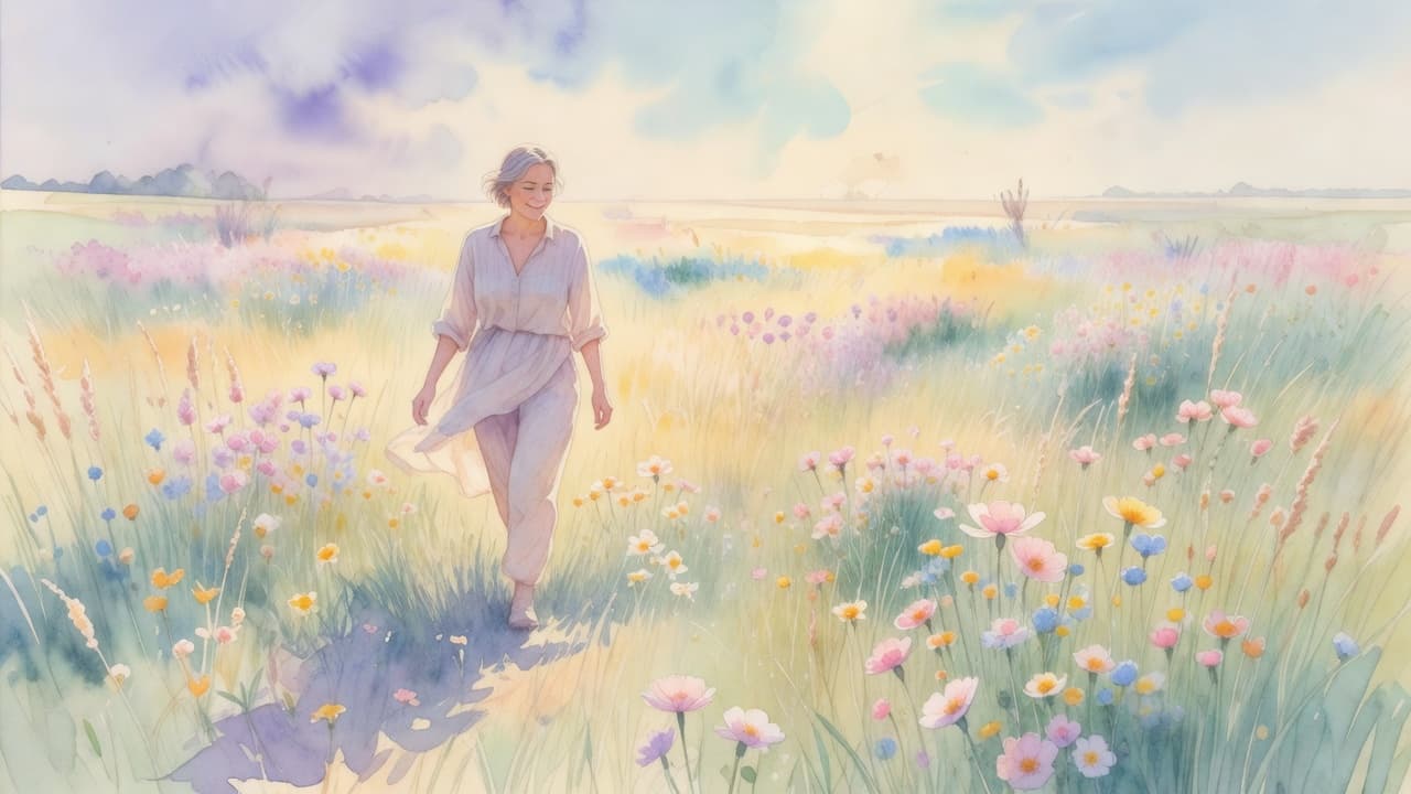 A figure in light summer clothing walks through a vibrant field of wildflowers under soft glowing sunlight. The scene is rendered in a delicate watercolor style with visible textured brushstrokes throughout.