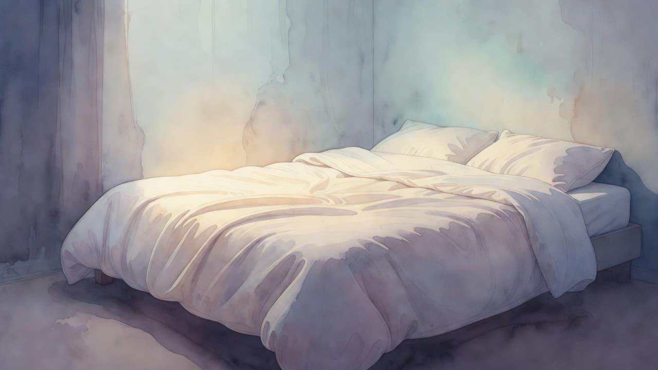 Ein gemütliches Bett mit einer flauschigen Decke steht im Mittelpunkt dieses weichen Aquarellgemäldes. Sanfte Lichtakzente durchfluten den Raum und unterstreichen die beruhigende Atmosphäre, während sichtbare Pinselstriche dem Schlafzimmer eine kunstvolle Textur verleihen.