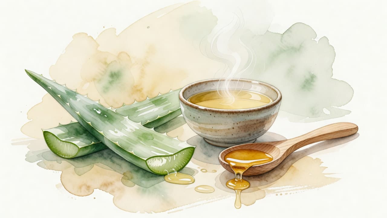 A fresh aloe vera leaf lies next to a ceramic bowl of chamomile tea and a wooden spoon dripping with golden honey. These calming botanical elements rest against a textured background.