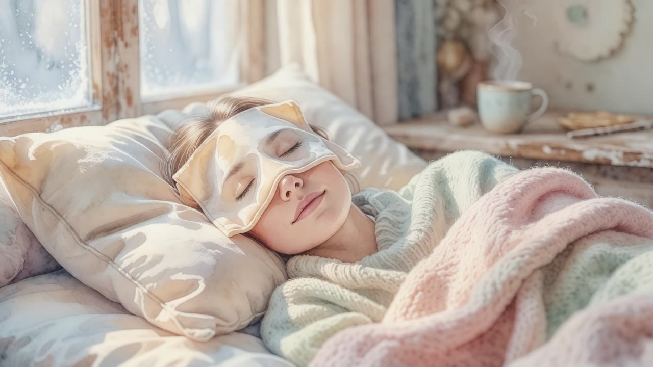 A person rests peacefully with a damp, warm cloth covering their eyes against a cozy winter backdrop. The scene uses soft watercolor textures and muted earth tones to evoke gentle relief.