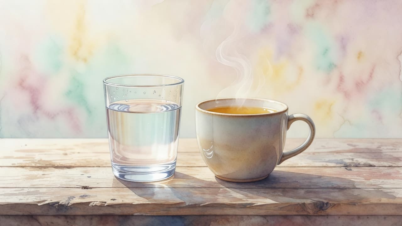 Ein Glas mit klarem Wasser und eine dampfende Tasse Kräutertee stehen auf einem rustikalen Holztisch. Die Aquarellillustration zeichnet sich durch weiche Farbübergänge, pastellige Nuancen und eine deutliche, künstlerische Pinselstruktur aus.