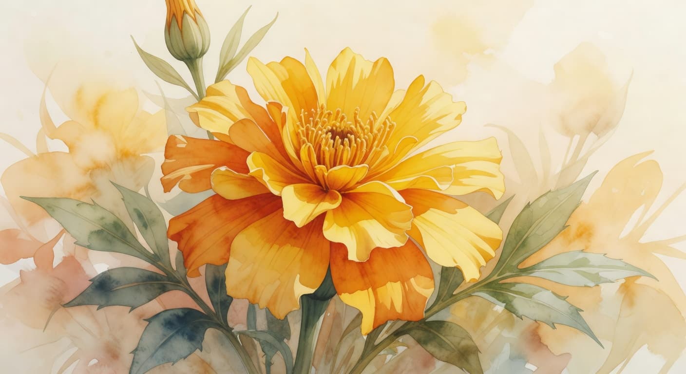 A delicate watercolor painting of a vibrant calendula flower displays visible brush textures and soft color gradients. The petals bloom in rich shades of warm yellow and deep orange against a blurred backdrop.