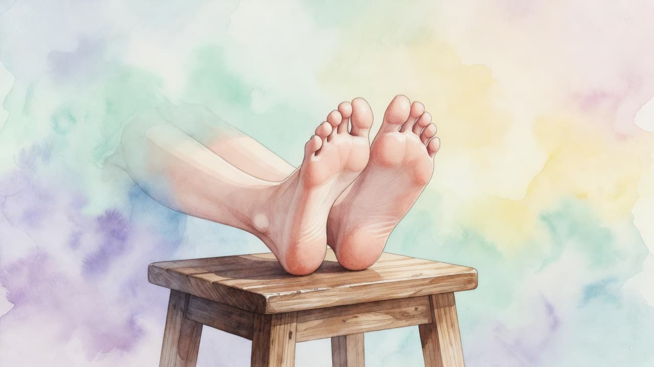 A delicate watercolor painting shows a pair of clean, relaxed feet resting comfortably on a rustic wooden stool. Soft pastel colors and gentle brushstrokes create a serene, hygienic atmosphere throughout.