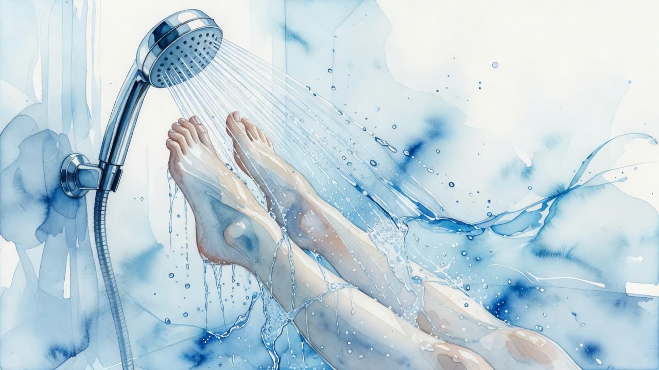 Soft blue watercolor washes depict a shower head spraying a gentle mist onto smooth legs. The artwork features visible brush textures and blended cool tones to evoke a refreshing sensation.