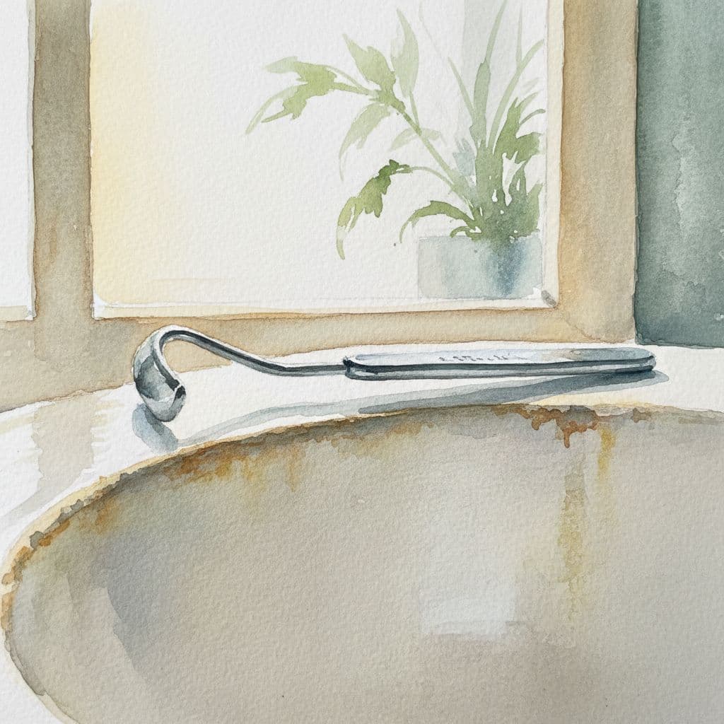 A metal tongue scraper lies on the smooth, white edge of a ceramic sink. Soft morning sunlight illuminates the textured paper surface, highlighting the artistic brush strokes and calm bathroom atmosphere.
