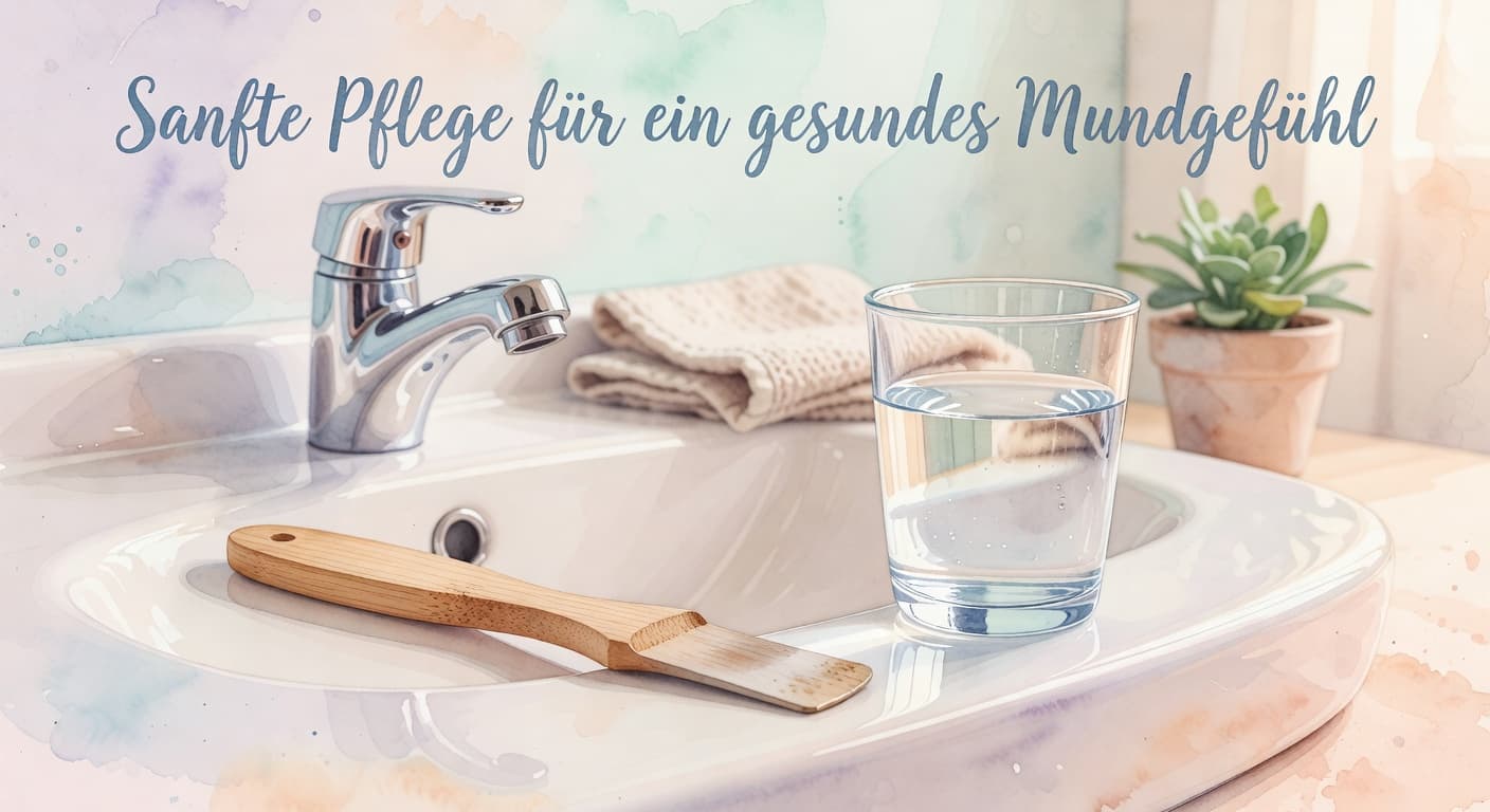 A crafted wooden tongue scraper lies gracefully beside a clear glass of water on a ceramic sink. Soft watercolor brushstrokes create a gentle, inviting scene focused on daily oral hygiene practices.