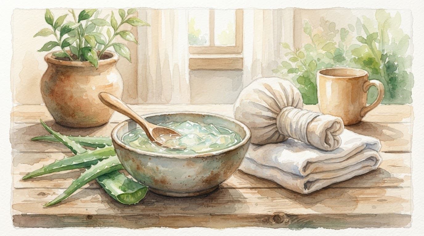 Eine Schale mit Aloe Vera Gel und sanfte Kompressen auf einem Holztisch.