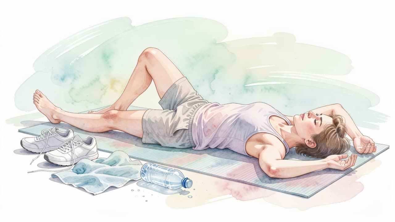 Eine Aquarellillustration zeigt eine ruhende Person mit geschlossenen Augen in einer entspannten Haltung. Zarte Pastelltöne und deutliche Pinselstriche betonen die friedliche Atmosphäre der körperlichen Regeneration vor einem hellen, neutralen Hintergrund.