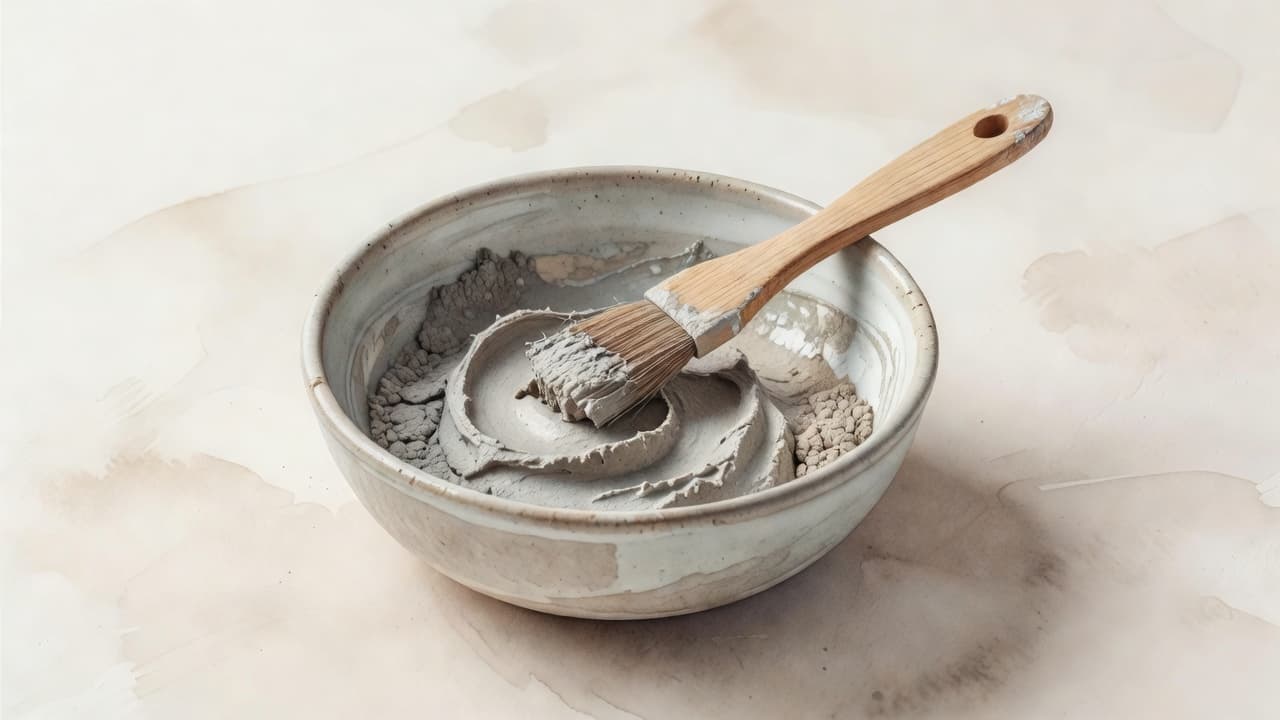 Eine Schüssel mit grauer Heilerde und ein Pinsel auf hellem Grund.
