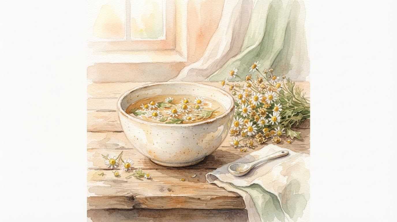 Eine Keramikschüssel mit Kamillenblüten in warmem Wasser auf einem Holztisch im Aquarellstil.