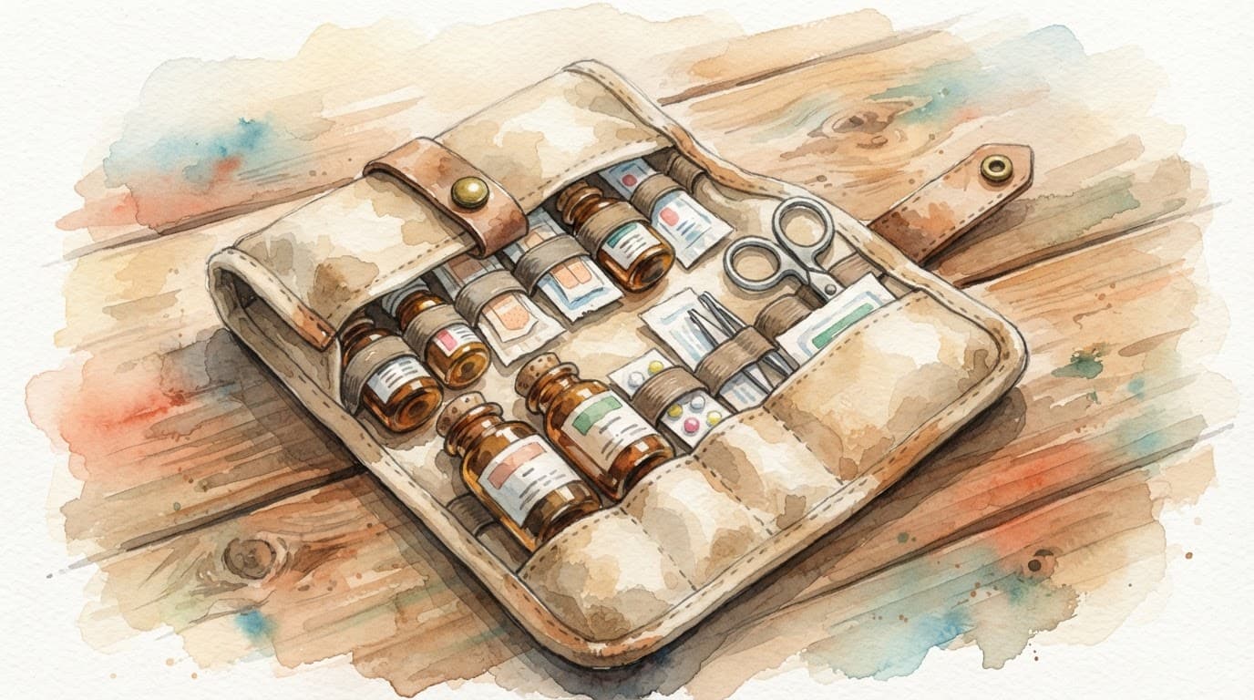 Eine kleine Reiseapotheke mit Fläschchen und Pflastern steht auf einem Holztisch.