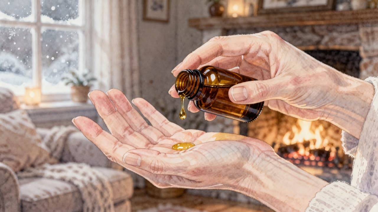 Eine Nahaufnahme zeigt, wie ein pflegendes Naturöl sanft auf die Fingerspitzen aufgetragen wird. Der weiche Aquarellstil erzeugt eine gemütliche, warme Winteratmosphäre durch sichtbare Pinselstriche und warme Farbtöne.