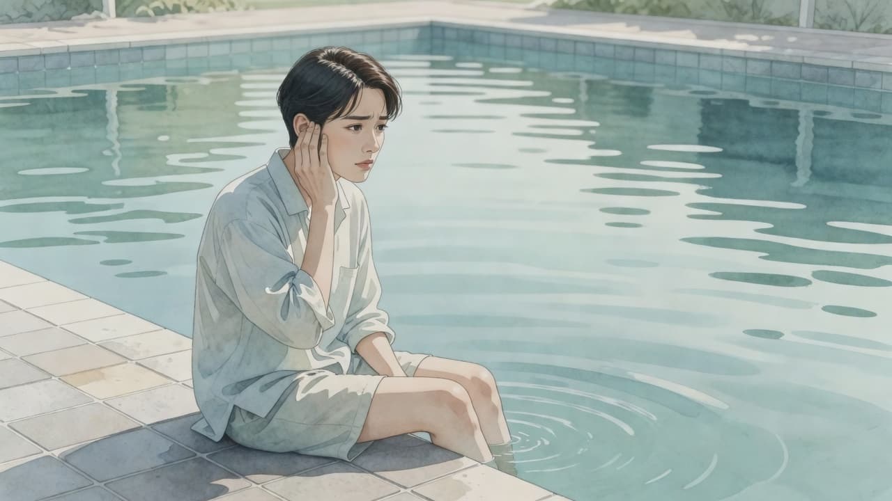 Eine Person sitzt in nachdenklicher Pose am Beckenrand eines Schwimmbads und fasst sich besorgt an das Ohr. Die Aquarellillustration nutzt sanfte, gedämpfte Farbtöne und eine sichtbare Pinselstruktur zur Darstellung der Situation.