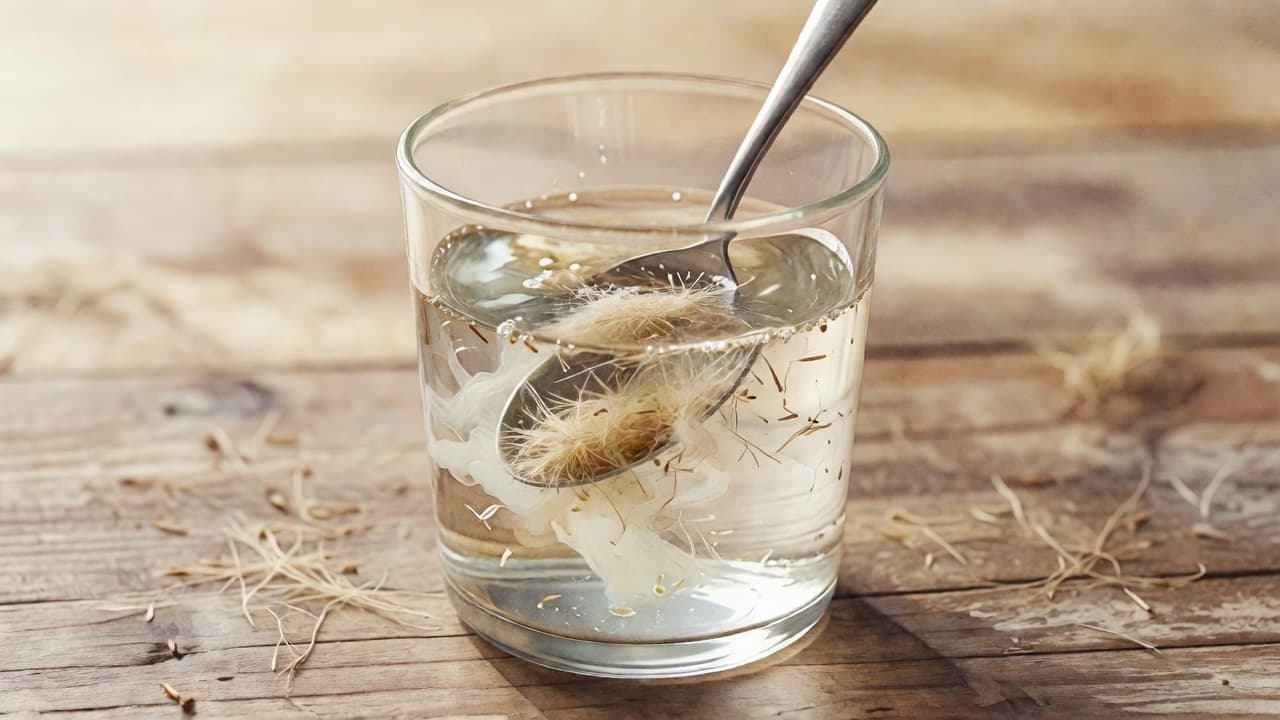 Ein Glas Wasser mit Löffel und einrührenden Flohsamen auf einem Holztisch.