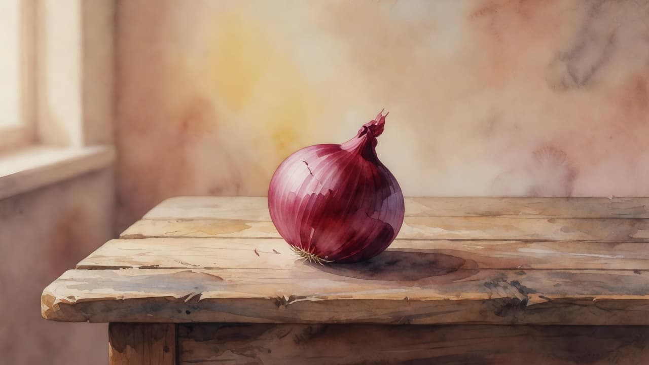 Eine einzelne rote Zwiebel liegt mittig auf einer groben, rustikalen Holzoberfläche. Die künstlerische Aquarell-Optik erzeugt weiche Farbverläufe und sichtbare Pinselstriche vor einem warmen, dezenten Hintergrund mit sanftem, natürlichem Licht.