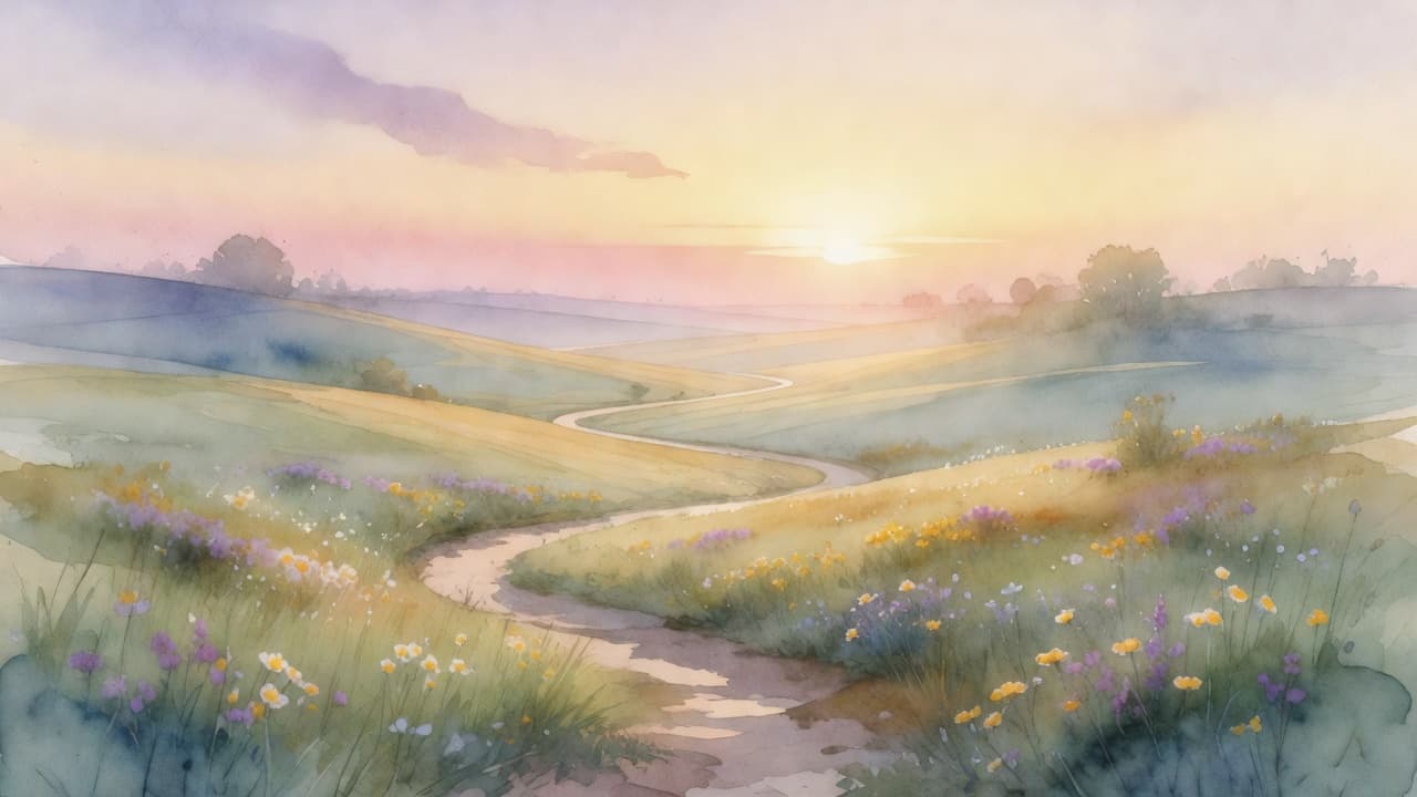 Eine sanfte Hügellandschaft erwacht im zarten Licht der aufgehenden Sonne. Aquarellfarben in pastelligen Tönen fließen ineinander, während sichtbare Pinselstriche dem Bild eine künstlerische Struktur und eine ruhige, meditative Atmosphäre verleihen.