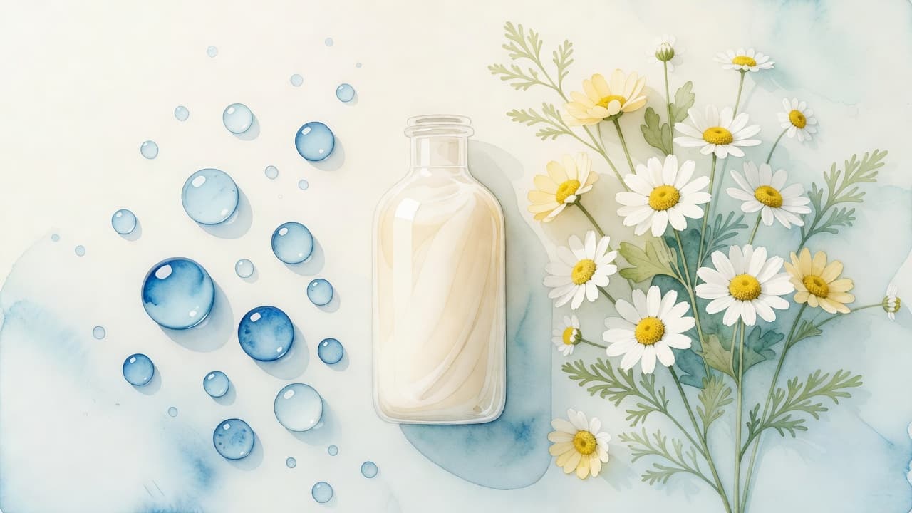 Eine Lotionflasche und Kamillenblüten mit blauen Wassertropfen im Aquarellstil.
